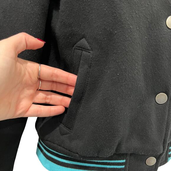Collectif Black Blue Retro Snap Front Atomic Star Varsity Letter Jacket size XS - Picture 4 of 10